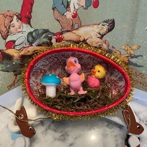 Vintage Easter Egg Diorama with Ducks and Mushroom